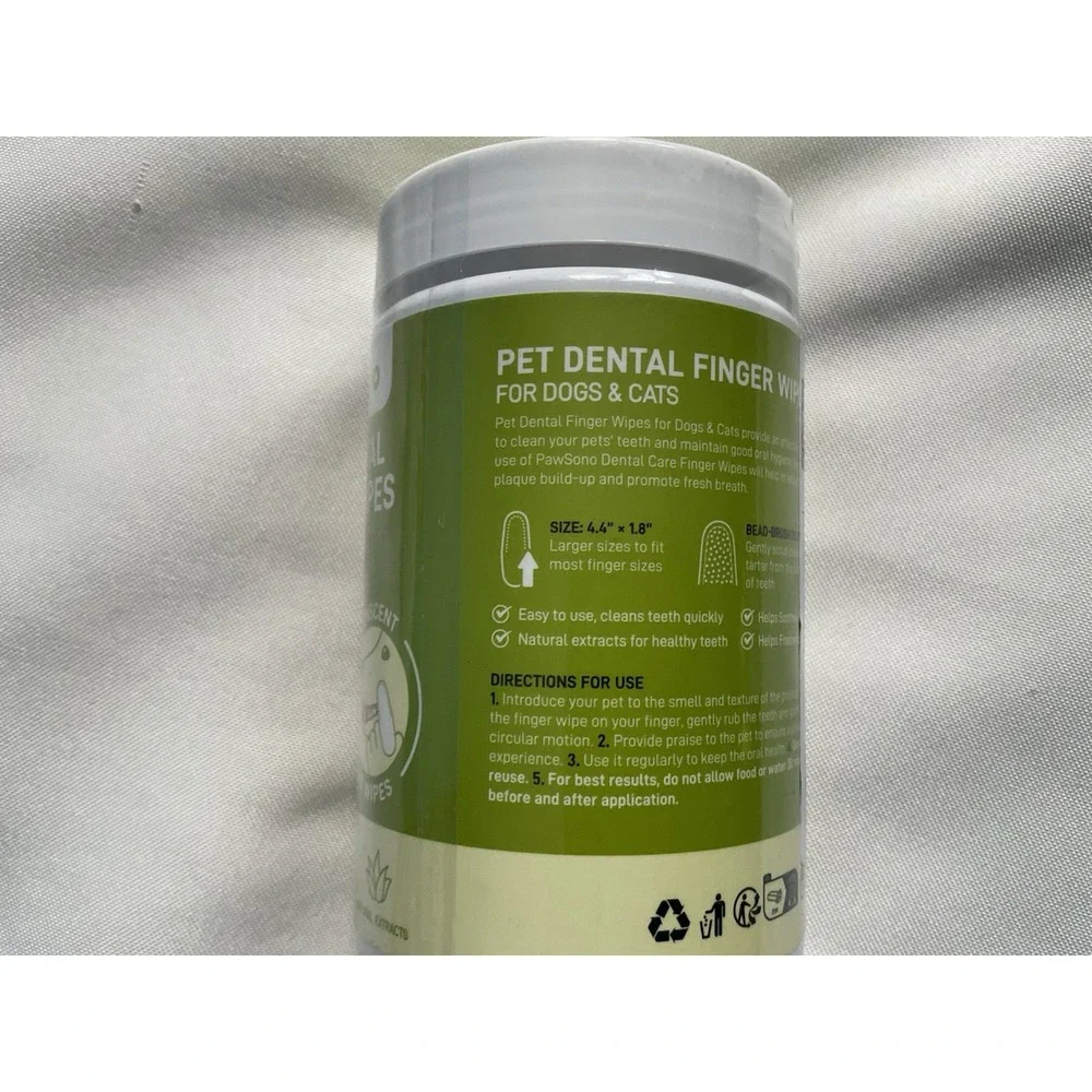 PawSono PET DENTAL All‎ Natural FINGER WIPES Oral Hygiene DOG or CAT 50 count